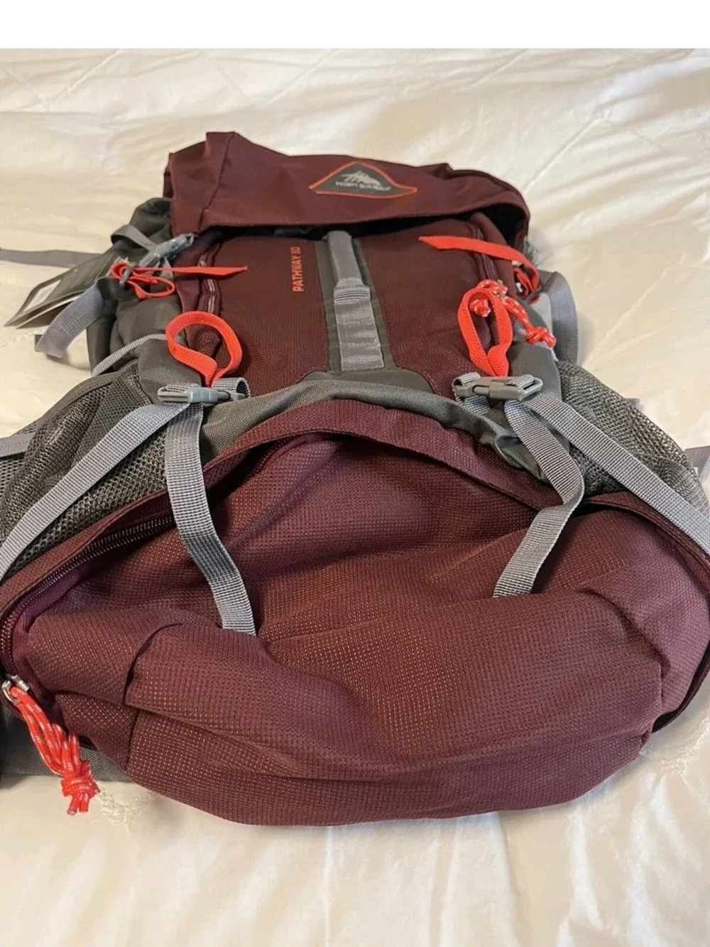 Men's Burgundy Hiking Backpack with Gray Straps and Red Accents